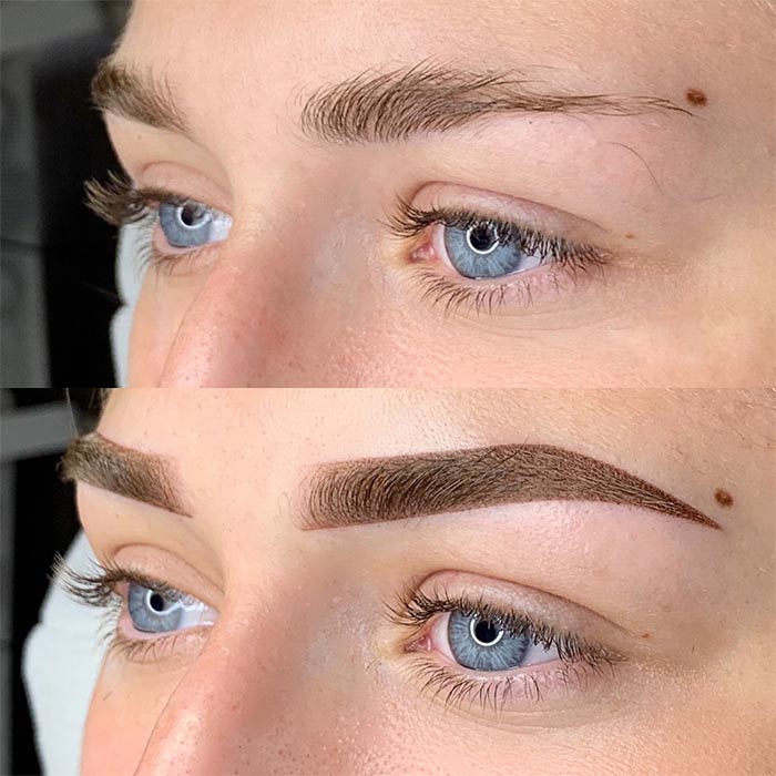 Before & After Brow Transformation. Before image: "Thin and shapeless natural eyebrows." After image: "Attained a natural gradient effect with Ombre brows cosmetic tattoo."