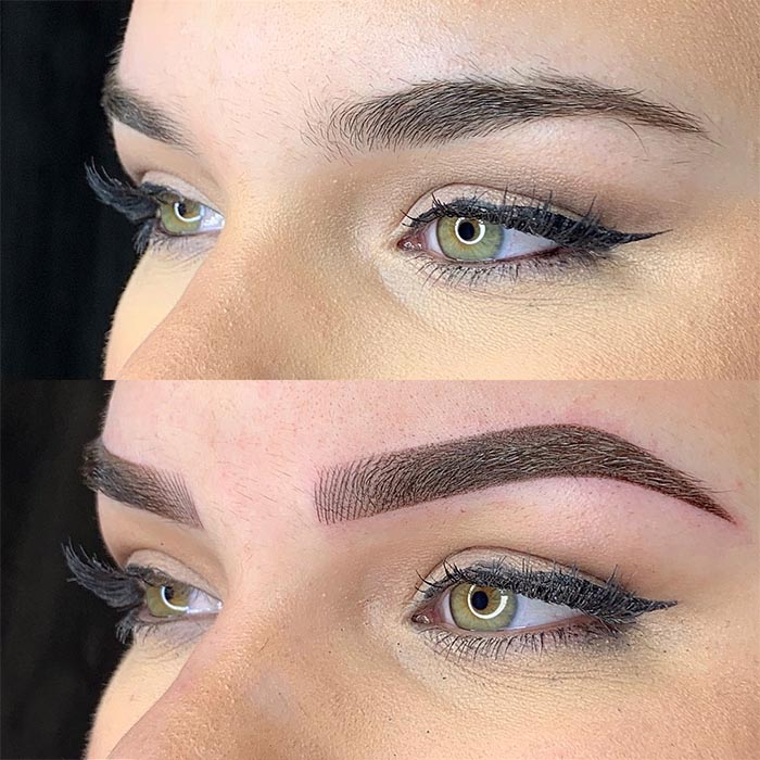 Before and After Eyebrow Tattoo image. Before image: "Natural eyebrows with sparse hair and uneven shape." After image: "Enhanced eyebrows with precise shape and fullness after combination brows cosmetic tattoo procedure."