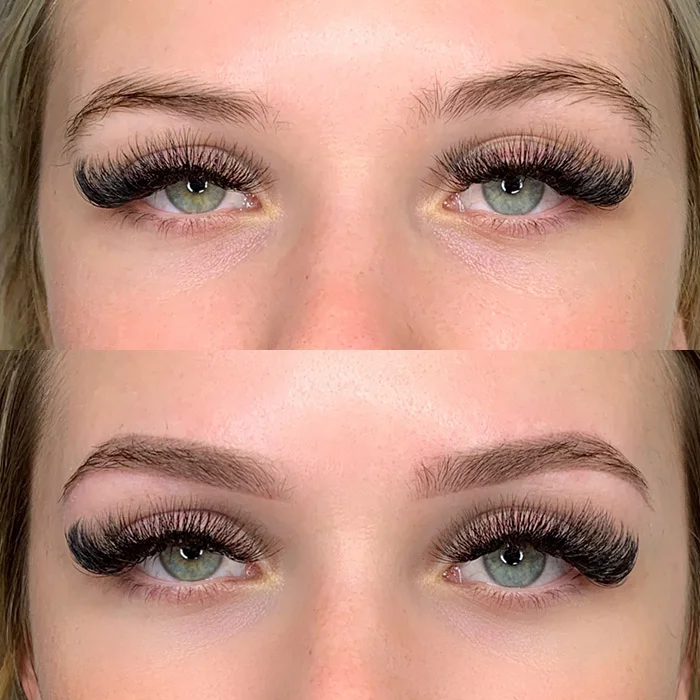 Soft Powder Brows Cosmetic Tattoo: Before & After Transformation Before image: "Sparse and undefined natural eyebrows." After image: "Attained soft, natural-looking powder brows with a cosmetic tattoo for enhanced fullness and definition."