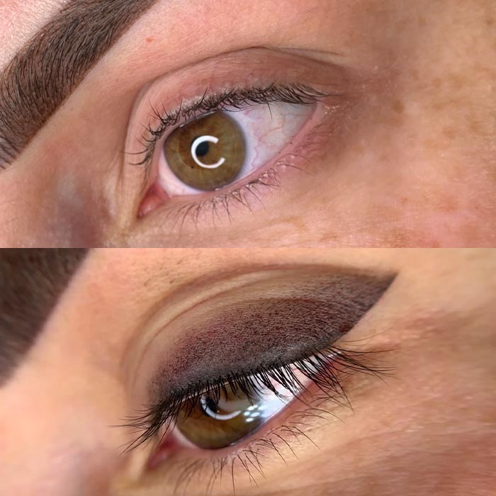 Before and After Smokey Eyeliner Tattooing. Before image: "Original eyes lacking depth and definition." After image: "Achieved a captivating gaze with a smokey eyeliner tattoo."