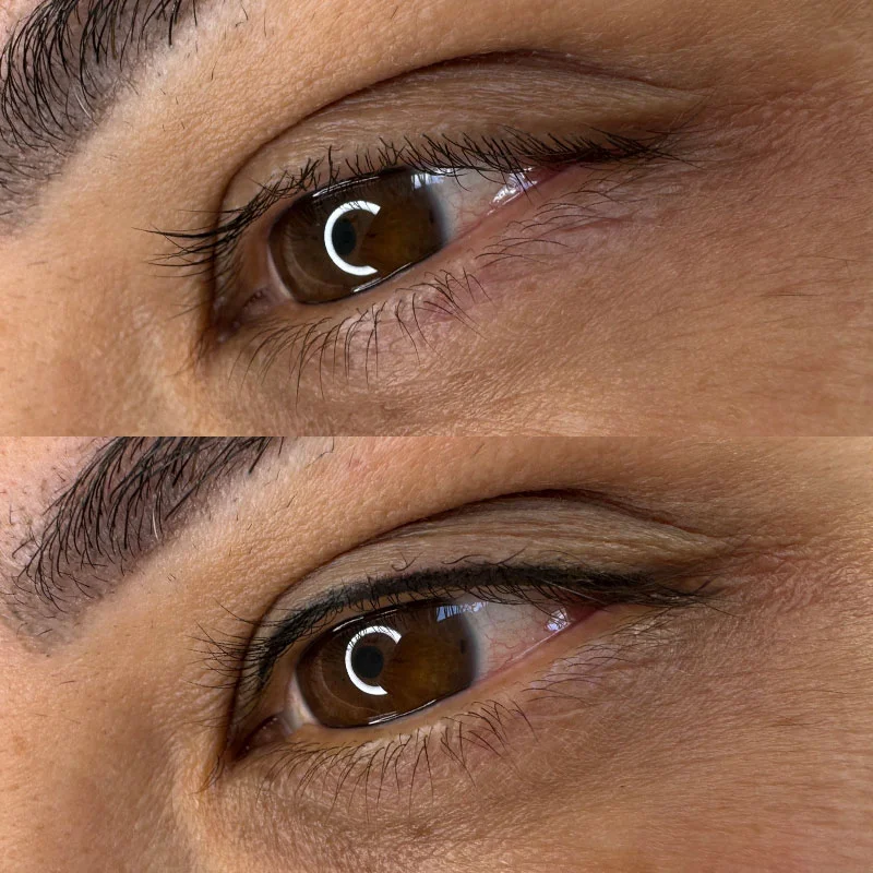 Secret Eyeliner Tattoo: Subtle Enhancement Before & After Before image: "Subtle lashes with minimal definition." After image: "Subtly defined eyes with a secret eyeliner tattoo for a natural enhancement."
