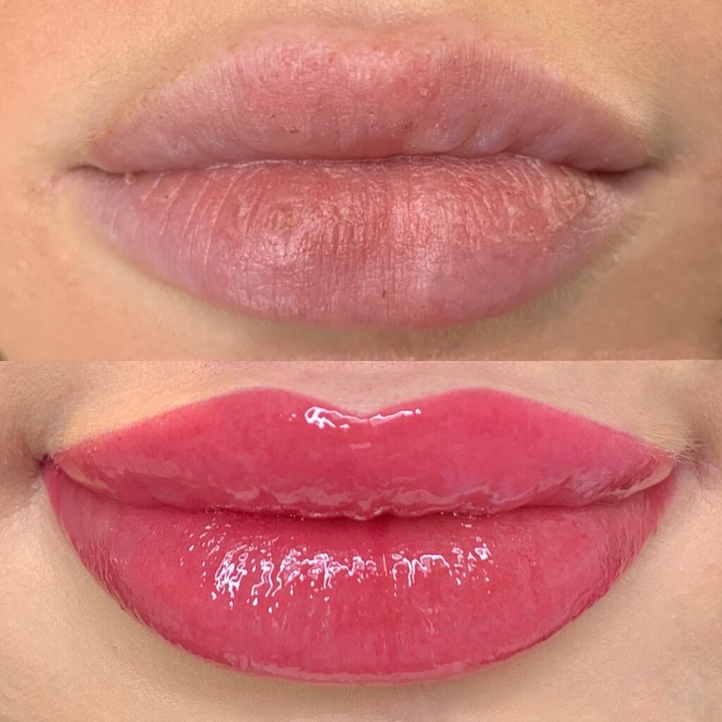 Before and After Lip Blush Tattoo. Before image: "Original lips lacking color intensity and definition." After image: "Transformed with lip blush tattoo for a natural, enhanced hue."