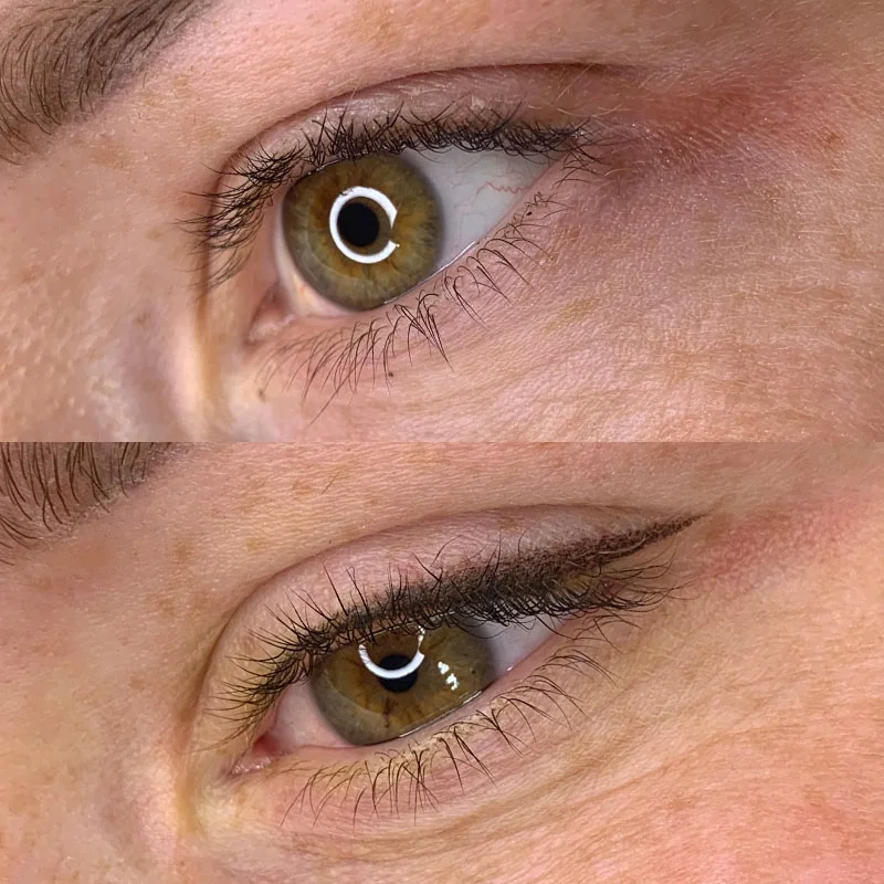 Before and After Winged Eyeliner Tattooing Before image: "Original eyes without a defined winged look." After image: "Achieved a bold and defined gaze with winged eyeliner tattoo technique."