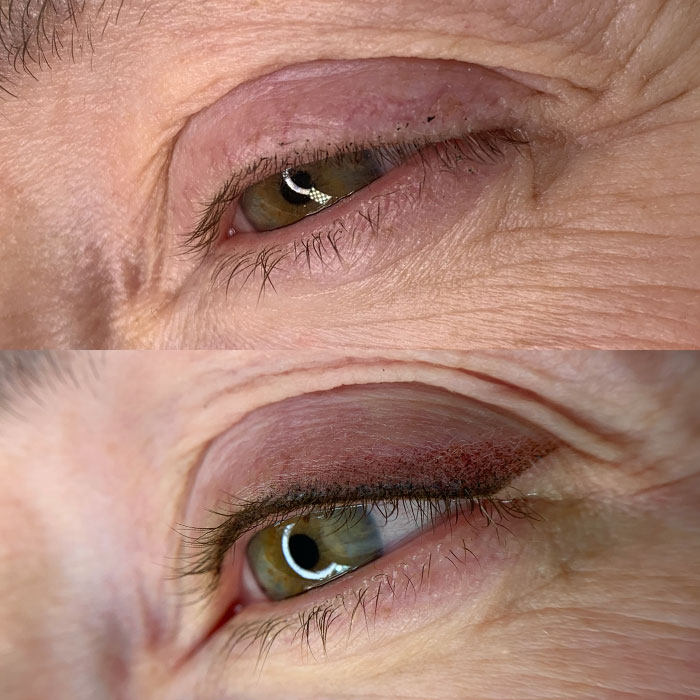 Before & After Enhancement Before image: "Natural eyes with undefined lash line." After image: "Transformed with a sultry, smokey eyeliner tattoo for a smoldering look."